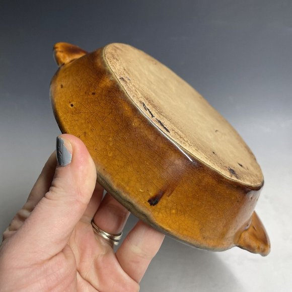 Antique Pottery Yellow Ware Glazed Handled Pie Plate Pan Primitive Glazed Rustic - Picture 16 of 16